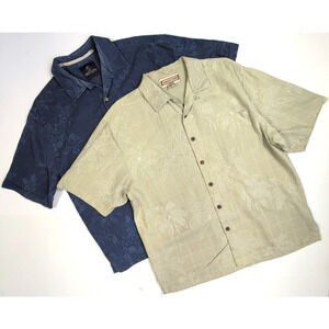 2x Men’s Silk Hawaiian Shirts L Jamaica Jaxx & Island Shores Palm Print Aloha